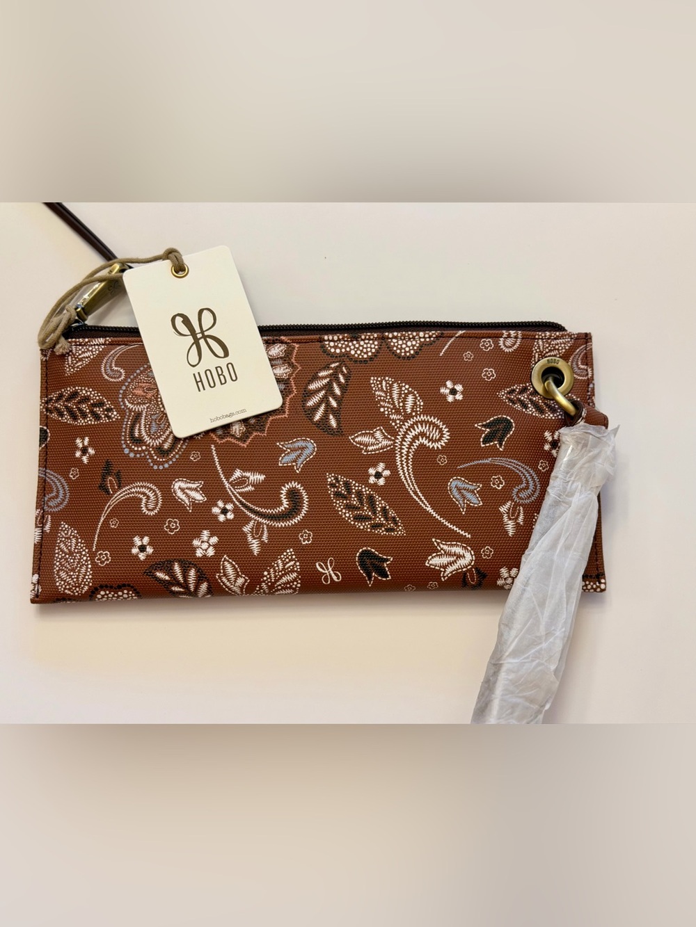 HOBO Brown Paisley Floral Wristlet Clutch with White & Black Accents